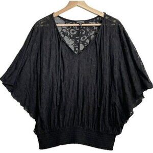 Express Blouse Women's Medium Black Butterfly Sleeve Floral Dark Sheer Shirt